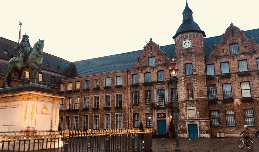 The old city hall in winter twilight