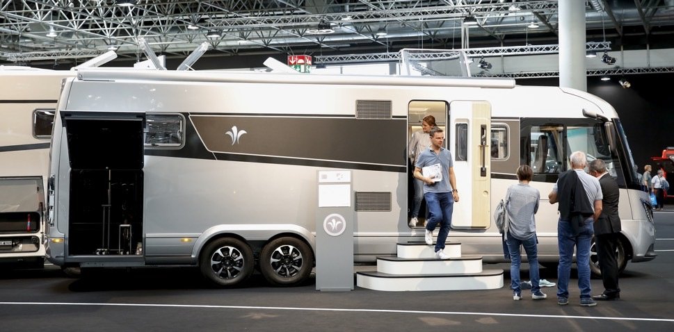 Luxury motorhome in trade fair hall