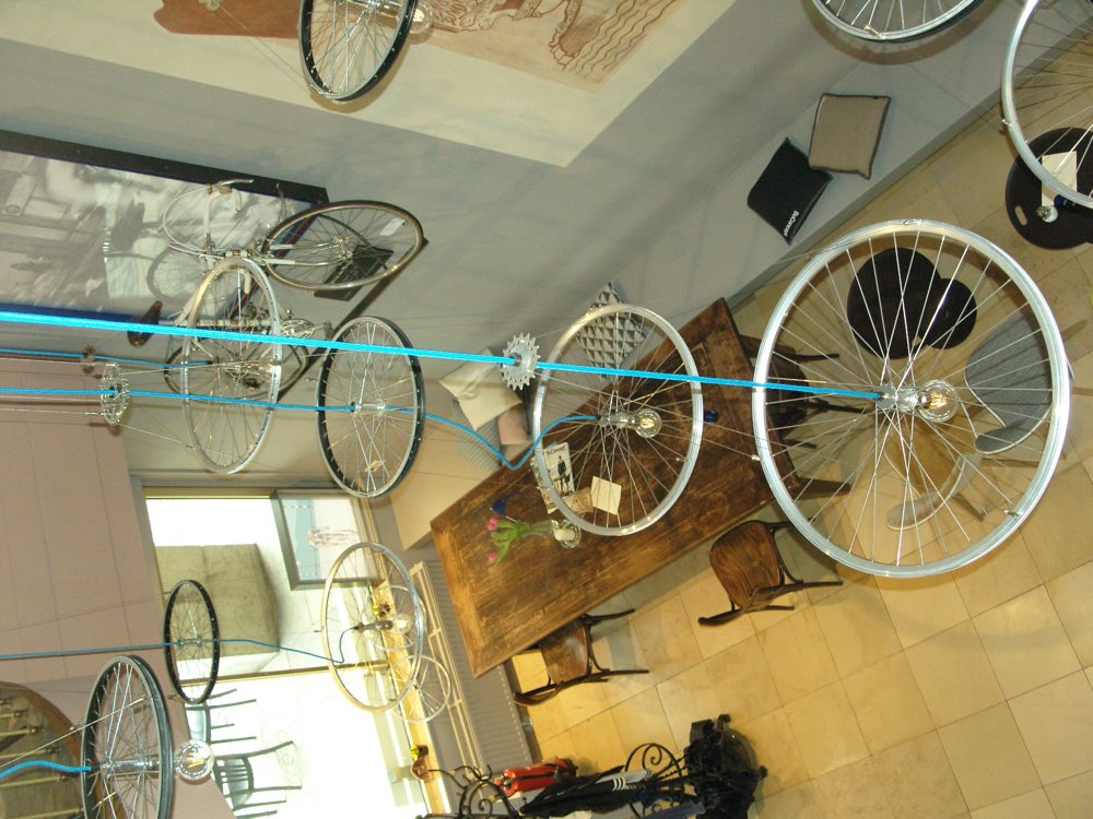 Bicycle wheels hanging