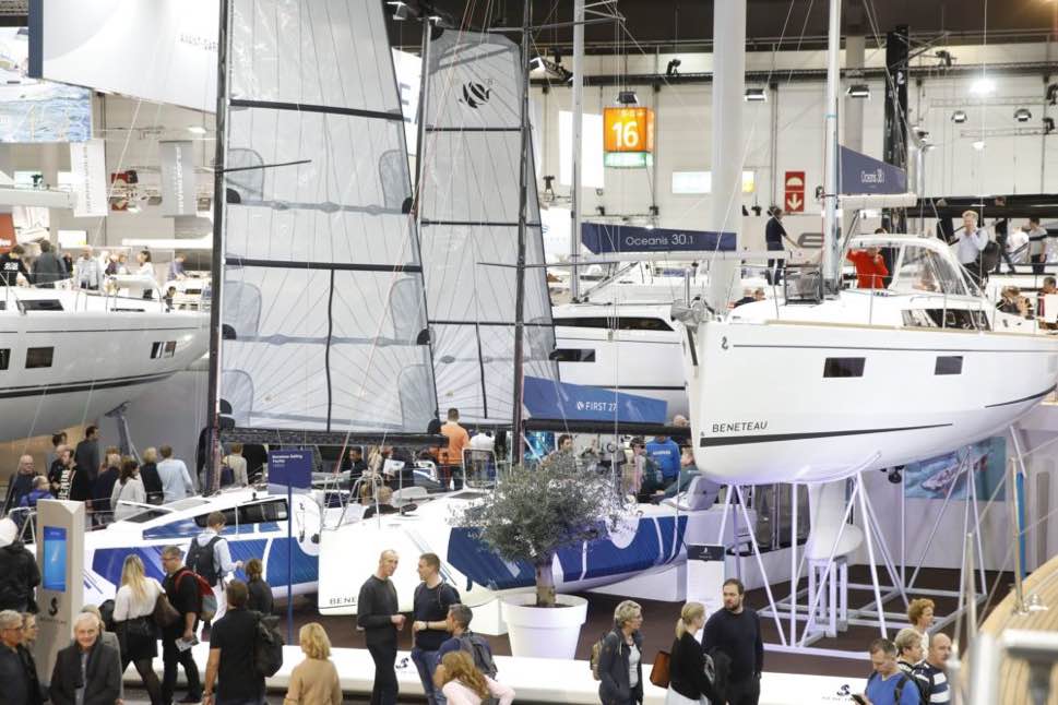 Sailing boat hulls in exhibition hall