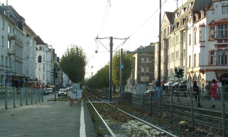 View of tram tracks and city residences