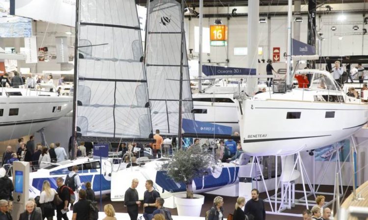 Sailing boat hulls in exhibition hall